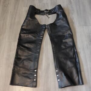 Vintage Eagle Black Leather Chaps Unisex L Adjustable Lace Back Buckle Snap Cuff